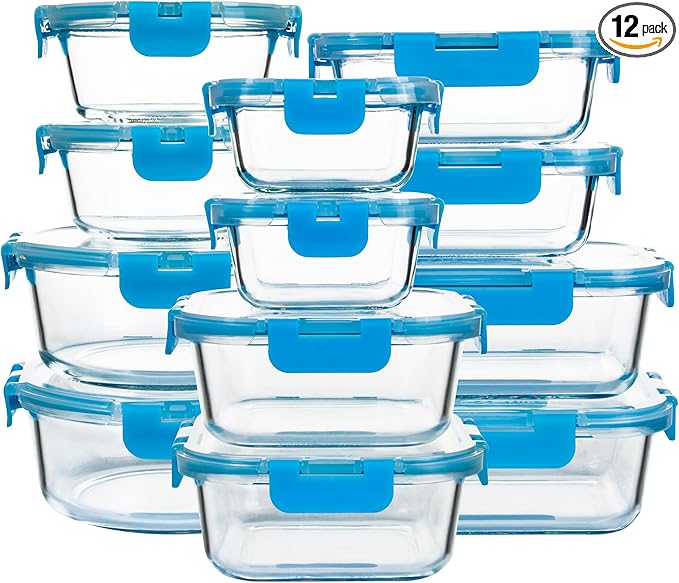 12 Pack Glass Meal Prep Containers with Airtight Lids, Leak-Proof Food Storage Containers, Dishwasher/Microwave/Oven/Freezer Safe Glass Containers for Lunch, Leftovers, to Go (Blue)