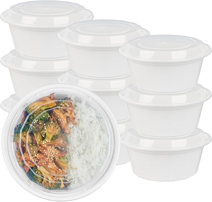 Restaurantware Asporto 32 Ounce To Go Boxes 100 Microwavable Take Out Food Containers - Clear Plastic Lids Included Do Not Contain BPA White Plastic Catering Food Containers Disposable Round