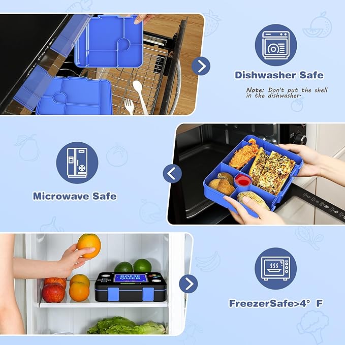 Boys Backpack - Luminous Game Bento Box with Insulated Lunch Bag Pencil Case & Utensils Set for Kids, 6 Leakproof Compartments Removable Tray Lunches or Snack Container (Blue Game Screen)