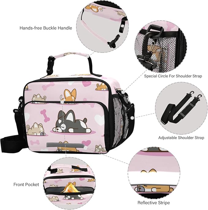 Pfrewn Lunch Box for Kids School Students Cartoon Dog Pastel Pink Insulated Lunch Bag with Shoulder Strap for Office Adults Reusable Cooler Bags Lunch Tote for Girls Boys Teens