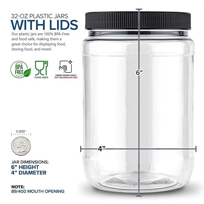 Stock Your Home 32 oz Plastic Jars (6 Pack) - BPA Free Plastic Mason Jars for Kitchen - Pantry Jars with Airtight Lids for Storing Rice, Pasta, Coffee, Grains, Candy, Cookies