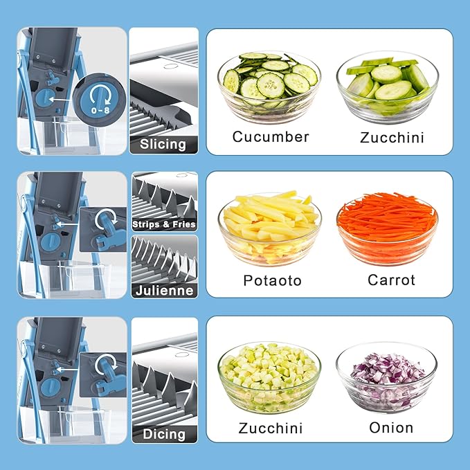 Thickness Adjustable Vegetable Chopper, Safe Mandoline Slicer Food Chopper With Container, Kitchen Gadgets Potato French Fry Cutter Tomato Apple Slicer Onion Vegetable Dicer - Gray&Blue
