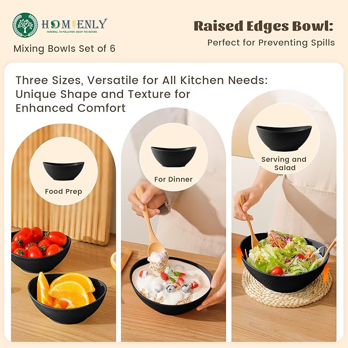 Homienly Wheat Straw Bowls Set, Premium Wheat Straw Bowls Set of 6, Mixing Bowls for Kitchen, Salad, Cereal, Nuts,Microwave & Dishwasher Safe Nesting Bowls Includes 3 Sizes(Black)