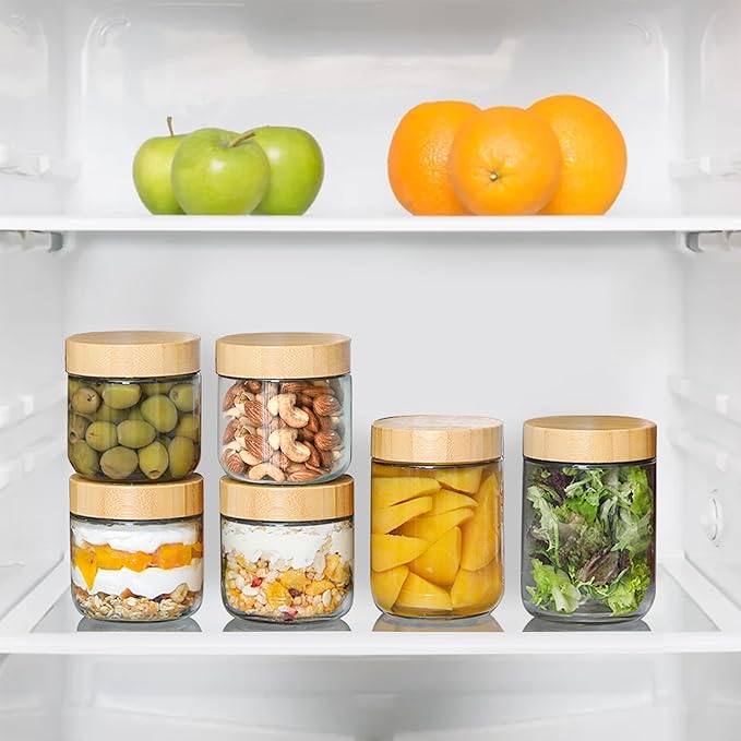 Glass jar with Bamboo lids 6 Set, 16oz overnight oats containers with lids, Glass Mason jars, Reusable Meal Prep Jars with Airtight Lids for Food Yogurt Snacks Storage