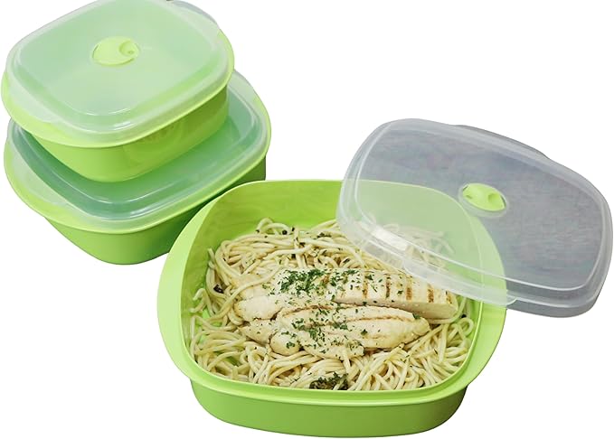Reston Lloyd Nesting Microwave Containers, Set of 3, Adjustable Steam Vents, Airtight, Meal Prep, Durable BPA-Free Plastic- Freezer & Dishwasher Safe, Cookware & Food Storage, Anyday Cookware, Lime