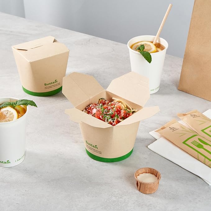 Restaurantware Sustain 26 Ounce Sturdy Paper Take Out Boxes, 200 Disposable Take Out Food Containers - With PLA lining, Compostable, Bamboo Paper Containers, Built-In Tab-Lock Cover, Greaseproof