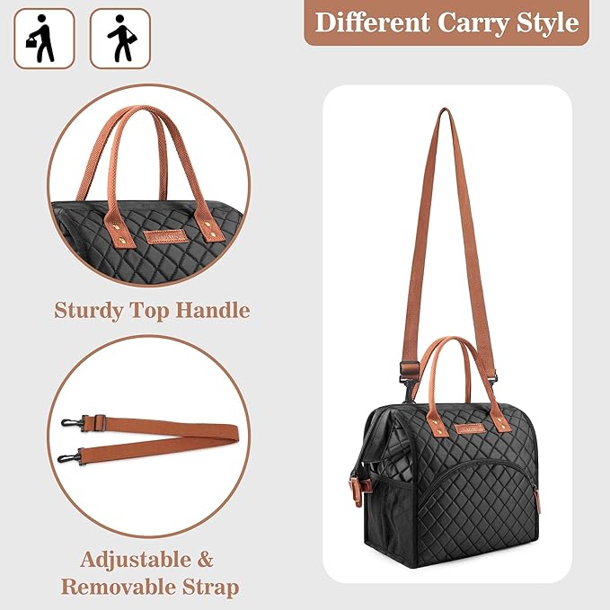LOKASS Lunch Bag Insulated Lunch Box Wide-Open Lunch Tote Bag with Removable Shoulder Strap for Women/Men Adults Work Picnic Hiking Beach Fishing(Black)