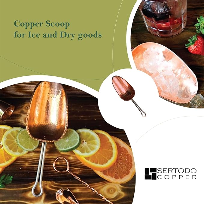 Sertodo Copper Scoop for Ice and Dry goods | Pure Copper, Heavy Gauge, Hand Hammered | Copper Handle | 1.5 Cup Capacity