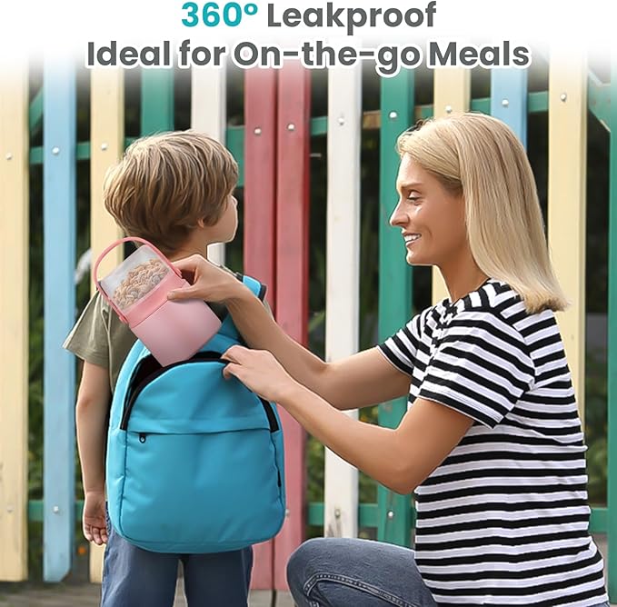 2-In-1 Soup Thermo for Hot Food Kids, 15 Oz Insulated Food Container and a Snack Box, Wide Mouth, Leak Proof, Stainless Steel Spoon, Dishwasher Safe Food Thermo Set for School, Work, Travel, Pink