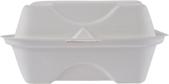 Eco-Products Compostable Vanguard 6" Clamshell Sandwich Containers, Case of 500, To Go Food Burger Box, White Renewable Molded Fiber, Grease Resistant, No-Added PFAS, ASTM Compliant, BPI-Certified