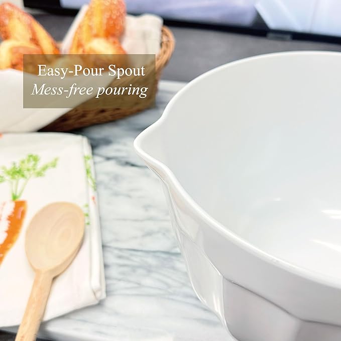 UPware Latte Style Melamine Batter Bowl with Pour Spout, Handle and Non-Slip Base, Grip Handle for Easy Mix and Pour, Home Essentials Cooking and Baking Tools, 4.3 quart, 11.5 x 8.75 Inch, White