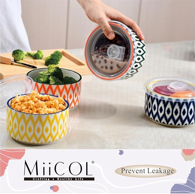 Miicol Ceramic Bowls with Lids Set of 4, Food Storage Containers 20 Oz, Porcelain Serving Bowls 5 Inch, Colorful Mixing Bowl, Kitchen Bowl for Meal Prep, Picnic, Lunch