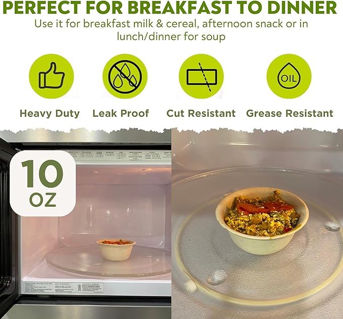 10 Oz Bamboo Disposable Bowls For Hot Soup, 100 Pack - Small, Heavy Duty, Microwavable, Oven Safe - Perfect for Hot Food, Meals, Acai & More - Eco-Friendly, Leak-Proof