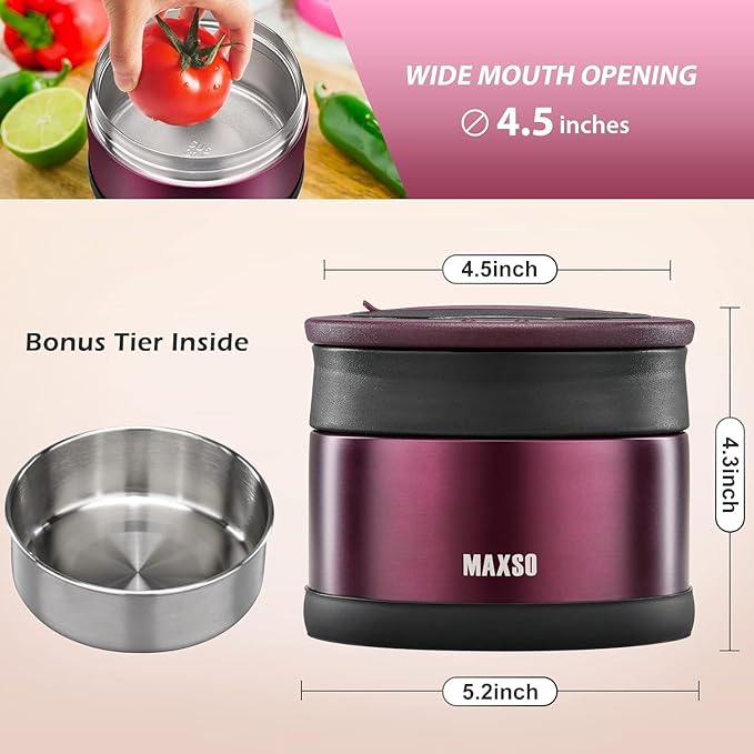 MAXSO Food Jar for Hot Food - 24 OZ Soup Thermo for Adults Vacuum Insulated Lunch Containers with Foldable Spoon & Thermal Bag, Wide Mouth Leakproof Bento Box - Burgundy