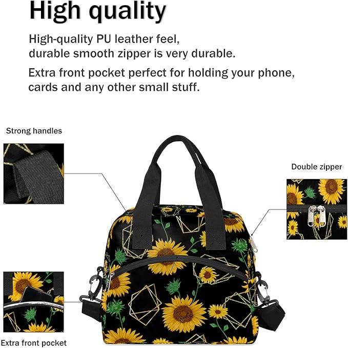 Pardick Sunflower Insulated Lunch Bag Flower Geometry Lunch Box for Women Girl with Shoulder Strap Tote Bag Reusable Large Containers Meal Prep for School Work Travel Picnic Thermal Cooler Bag