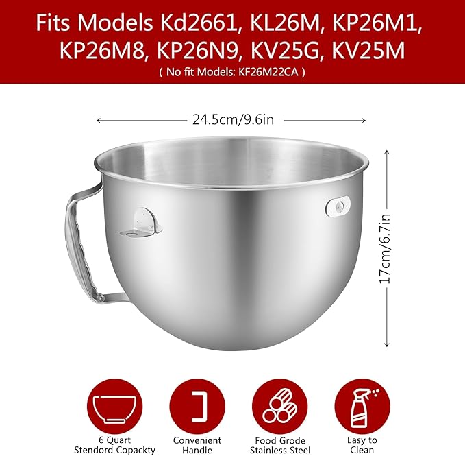 Stainless Steel Bowl for KitchenAid Professional 5 Plus Series and 6 Quart Bowl-Lift Stand Mixer,Mixing Bowl for Kitchenaid Picurean and Professional Models,(With Lid)