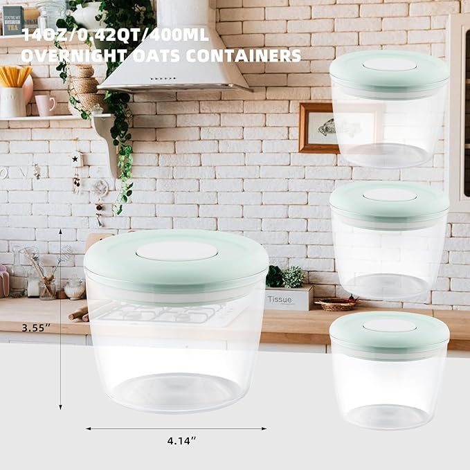 Tritan Overnight Oats Containers, Set of 4 | 14oz Leakproof Pop Airtight Yogurt Container, Shatterproof Chia Pudding Jars with Lids | Microwavable, Dishwasher-Safe, Green