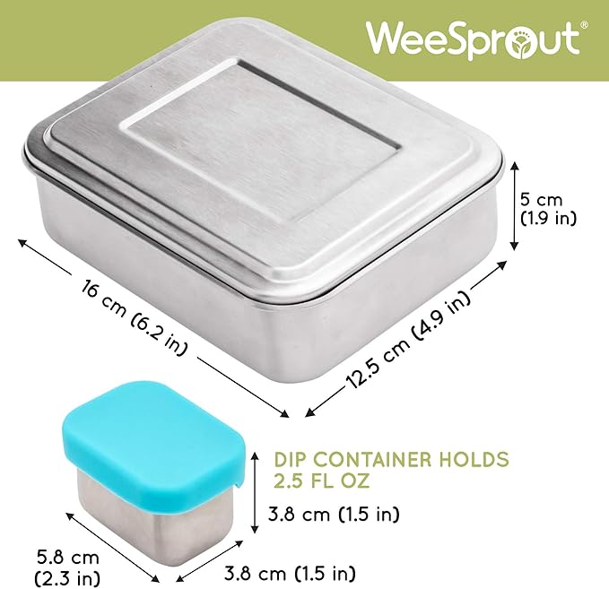 WeeSprout 18/8 Stainless Steel Bento Box (Compact Lunch Box) - 3 Compartment Metal Lunch Containers, for Kids & Adults, Bonus Dip Container, Fits in Lunch Bag & Backpack