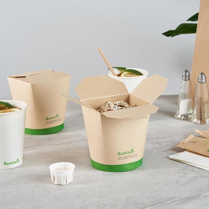 Restaurantware Sustain 32 Ounce Sturdy Paper Take Out Boxes, 200 Disposable Take Out Food Containers - With PLA lining, Compostable, Bamboo Paper Containers, Built-In Tab-Lock Cover, Greaseproof