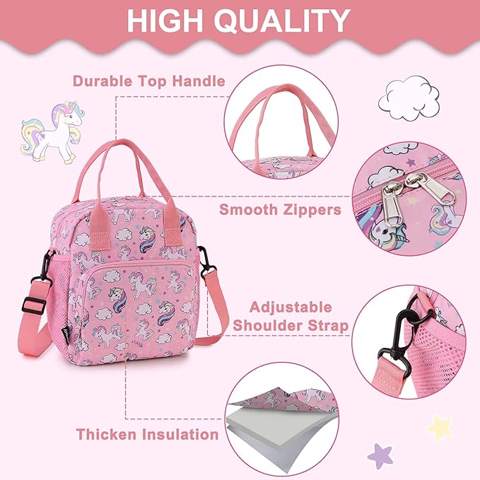 RAVUO Unicorn Lunch Bag Water Resistant Insulated Cute Girls Lunch Box for Kids Reusable Lunch Tote with Detachable Shoulder Strap