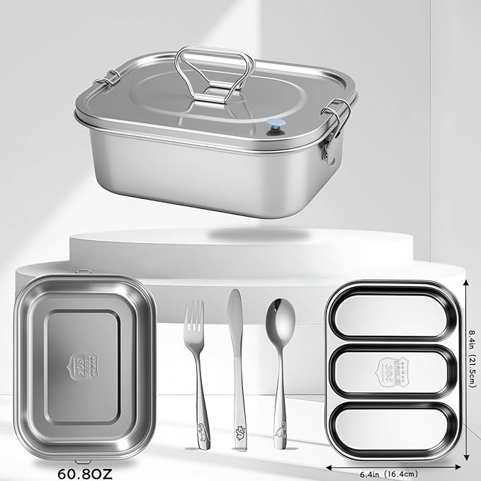 304 Stainless Steel Bento Box Leakproof 3-Compartment Tray, 1800ml Stainless Steel Lunch Box with Airtight Valve Handle, Including Utensil Set (Fork/Knife/Chopsticks) for Travel, Work.