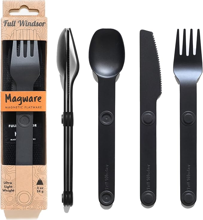 FULL WINDSOR - MAGWARE Magnetic Camping Cutlery Set - Travel Utensils for Camping, Cooking, and Outdoor Dining - Knife, Fork & Spoon- Portable Silverware with Pouch - Fathers Day Gifts - Black (3 PCS)