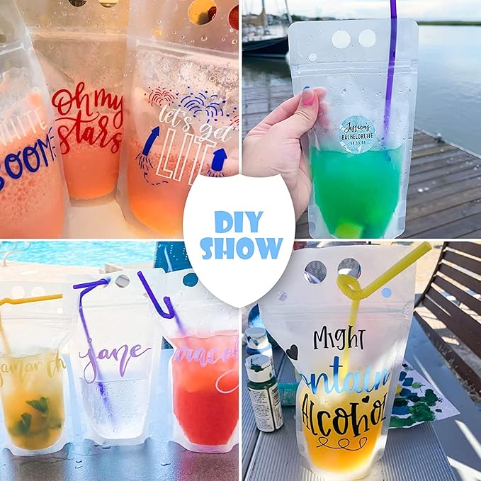100Pcs double zip pouches drink Bags with 100 Straws,&30 Popsicle Bags Heavy-duty Handheld Foldable Ice Beverage Bags for Smoothies, Cold & Hot Drinks