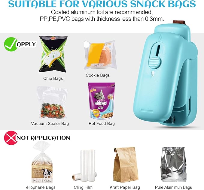 2 Pcs Mini Bag Sealer and 12 Pcs Bag Clips Snack Bag Sealer Snack Handheld Heat Vacuum Sealer Clips Chip Bag Clips for Plastic Bags Food Storage Snacks Freshness