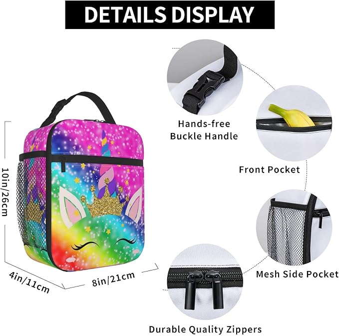 YETTA YANG Rainbow Unicon Colorful Portable Lunch Bag Insulated Lunch Box Reusable Totes For Women Men Work Picnic Camping
