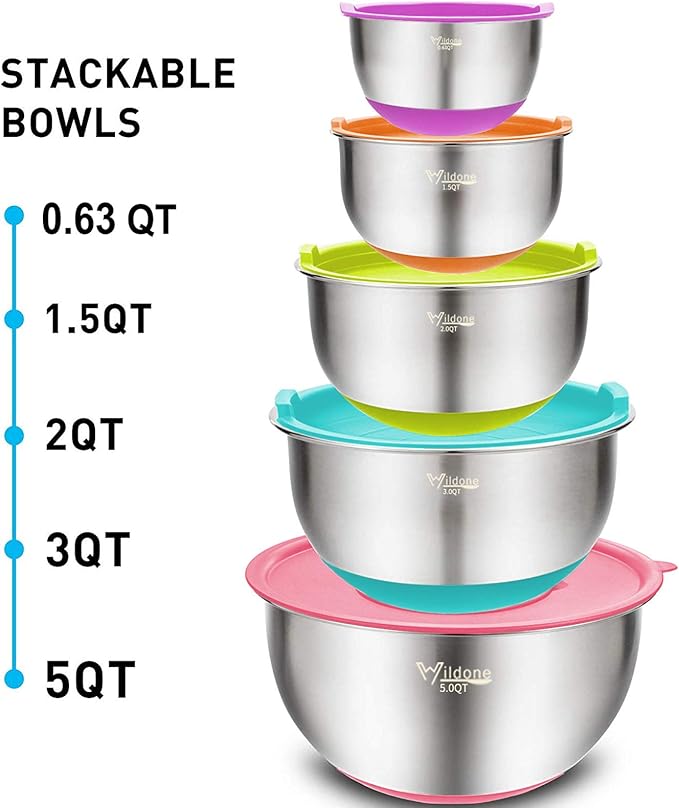 Wildone Mixing Bowls with Lids Set, 5PCS Stainless Steel Colorful Nesting Bowls with 3 Grater Attachments, Measurement Marks & Non-Slip Bottoms, Size 5, 3, 2, 1.5, 0.63 QT, Great for Mixing & Serving