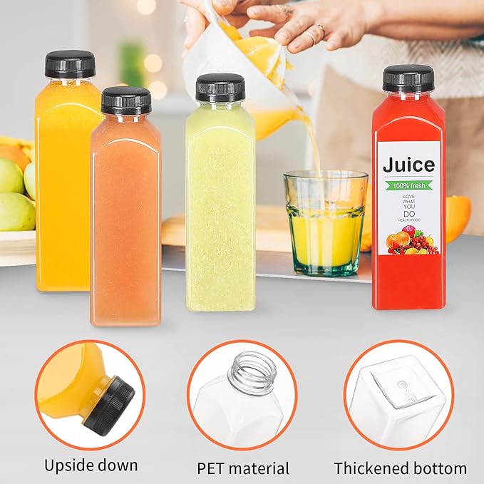 16oz Empty Juice Bottles with Caps, Pack of 24 Reusable PET Plastic Clear Water Bottle Recyclable Drink Bulk Containers with Leak-Proof Lids for Juice Water Milk and Beverages
