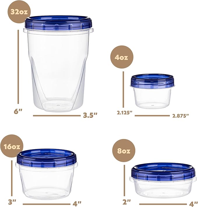 PLASTICPRO 24 Pack Twist Top Containers Assorted Sizes Plastic Food Storage Containers with Blue Twist on Lids Stackable Reusable