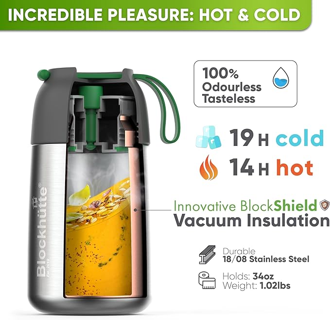 Blockhütte Thermos for Hot Food - 34 oz Vacuum Stainless Steel Thermal Lunch Box, Leakproof Soup Thermos, Wide Mouth Insulated Food Jar