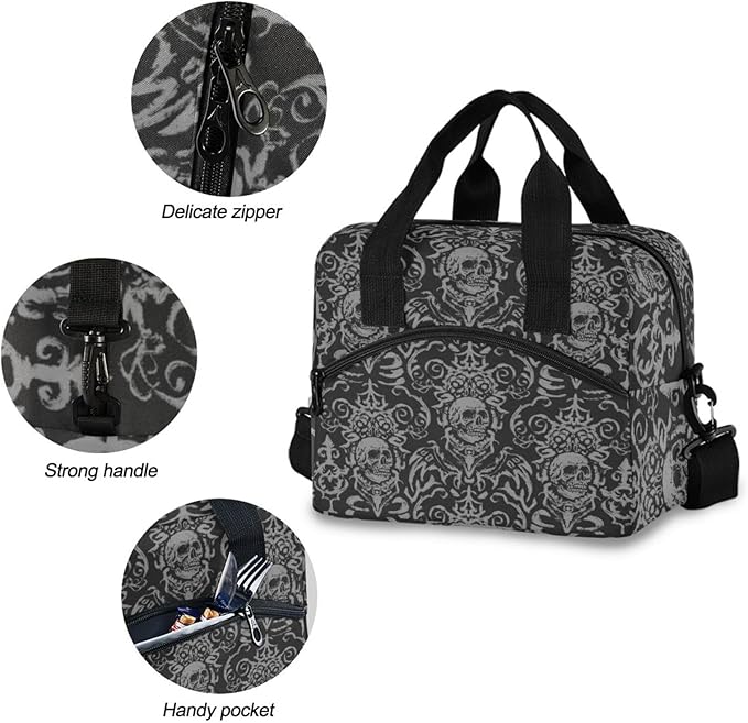 Skull Gothic Insulated Lunch Bag Reusable Lunch Tote Bag Cooler Bag for Women Men Adult Lunch Box with Adjustable Shoulder Strap Leakproof Lunch Bag for Work School Picnic Camping