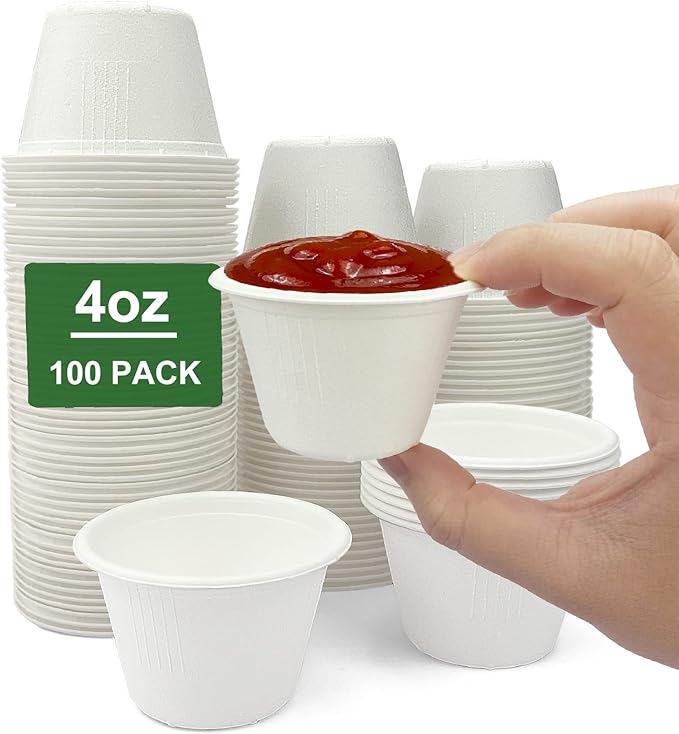 CAMKYDE 4 oz Disposable Bagasse Fiber Souffle Cups 100pk, 100% Natural Biodegradable Compostable Condiment Cups Sample Cup Tasting Cup (White, Pack of 100)