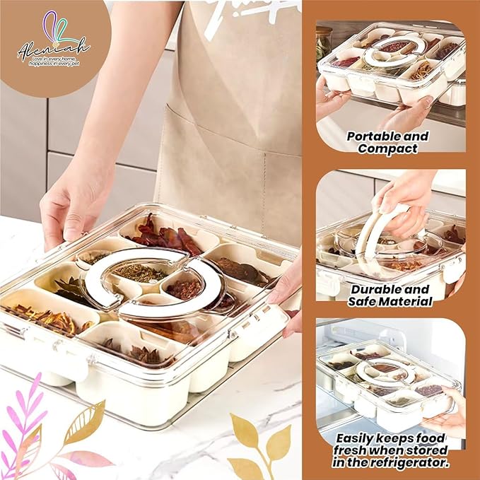 Divided Snack Tray with Lid – Portable Snackle Box with 8 Removable Compartments – Reusable Food Storage Containers for Snacks, Camping & Lunch – Includes Checkered Tablecloth