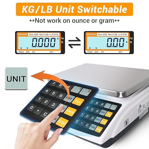 Price Computing Scale NTEP Certified for Legal Trade Rechargeable, Commercial Grade with Dual LCD Display, 60lb Stainless Steel Platform for Meat Shop, Deli, Produce Farmers Market COC#21-001