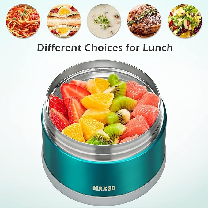 MAXSO Food Jar for Hot Food - 24 OZ Soup Thermo for Adults Vacuum Insulated Lunch Containers with Foldable Spoon & Thermal Bag, Wide Mouth Leakproof Bento Box - Green