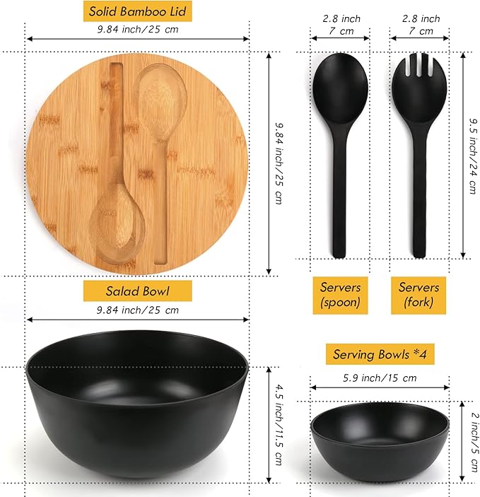 ShineMe Salad Bowls, Large Salad Bowl with Lid and Servers, Bamboo Salad Bowl Set with 4Pack Small Serving Bowls, 9.8inches Solid Kitchen Bowl for Fruits, Vegetables and Pasta...(Black)