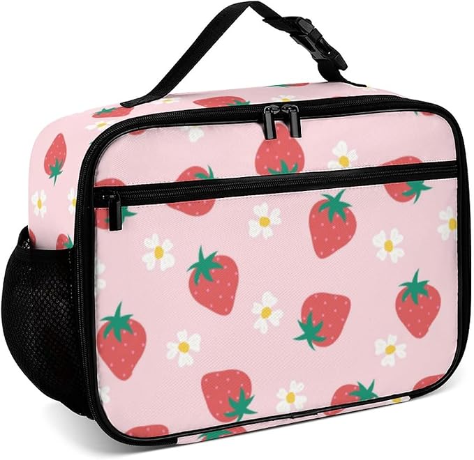 Strawberry Flowers Reusable Lunch Box Insulated Lunch Bag Cooler Bag Lunchbox Meal Food Container Tote Bag for Women Kids Girls School Camping Hiking Picnic Beach Travel