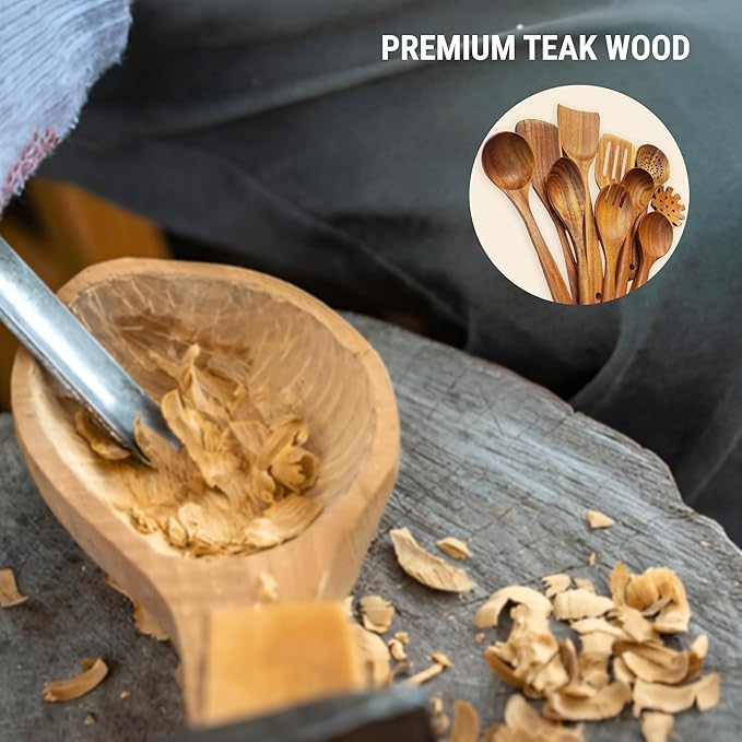 Premium Wooden Spoons for Cooking – 10 Pcs Wooden Utensils Set Teak Wooden Spatulas & Wooden Spoons for Nonstick Cookware – Heat Resistant, Lightweight & Durable