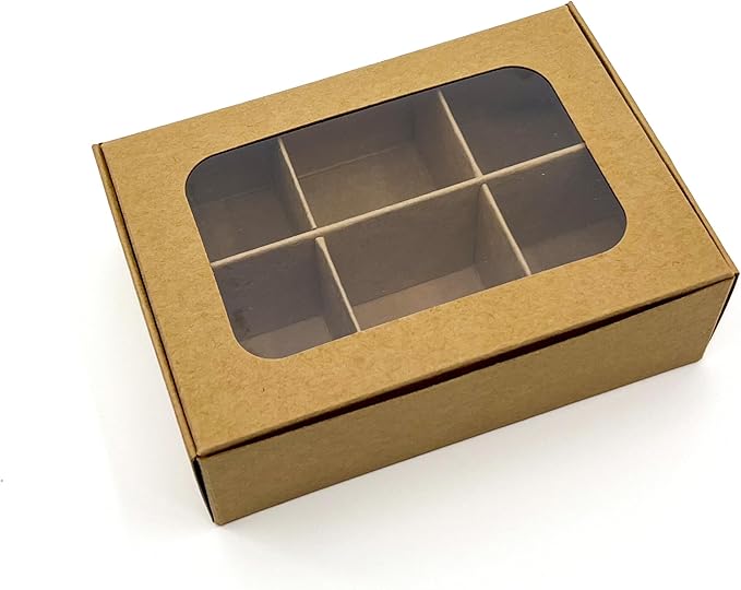 Treat boxes with window and dividers | 6 X-SMALL compartments | 5 x 3.5 x 1.57 in | Empty candy boxes for gift giving, truffle box - perfect for Valentine's Day | 20-pack (Kraft)