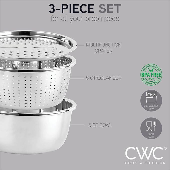COOK WITH COLOR Stainless Steel Mixing Bowls Set - Nesting Bowls with Non-Slip Bottom and Easy-Grip Handles, Silver, 3 Pieces