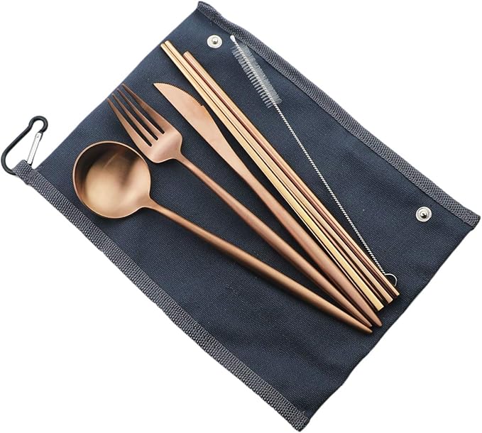 Reusable Travel Utensils, 7 Piece Portable 304 Stainless Steel including Knife Fork Spoon Chopsticks Cleaning Brush Straws Portable Pouch, Eco-friendly Camping Silverware Set, Dishwasher Safe