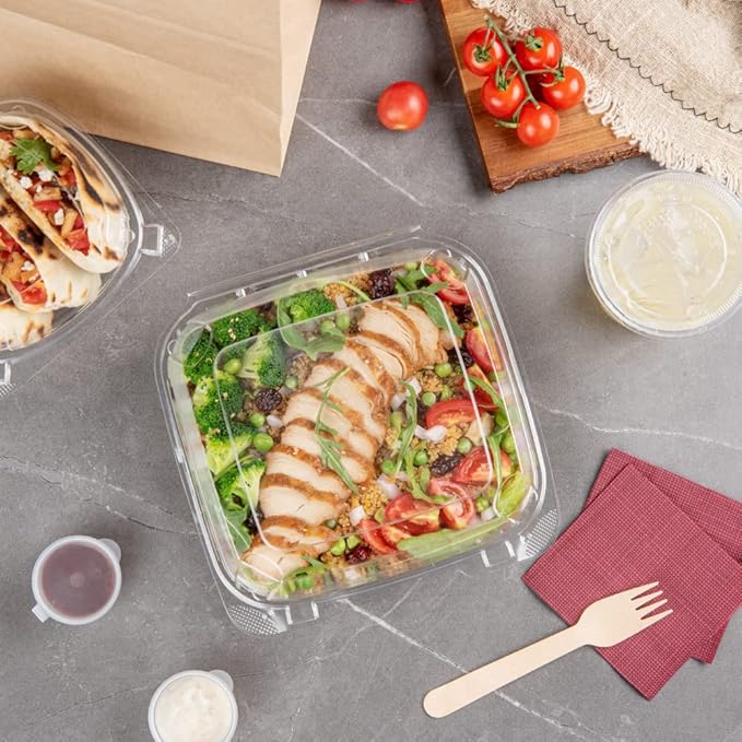 Restaurantware Thermo Tek 33.8 Ounce Clamshell Containers 100 Anti-Fog To Go Food Containers - Freezable Square Clear Plastic Food Packaging Containers Disposable