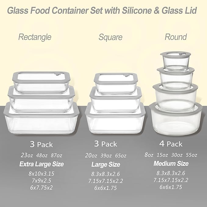 Glass Food Containers with Glass Lid, Microwave Safe Glass Food Storage Container, Large 4 Pack Round Shape, Glass Food Containers with Lids, Glass Meal Prep containers with Leak Proof Lid.