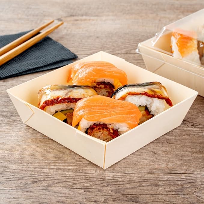 Restaurantware Taipei 14 Ounce Food Containers 100 Square Wooden Bento Boxes - Lids Sold Separately Grease Impermeable Poplar To Go Boxes Disposable Serve Noodles Dumplings And More