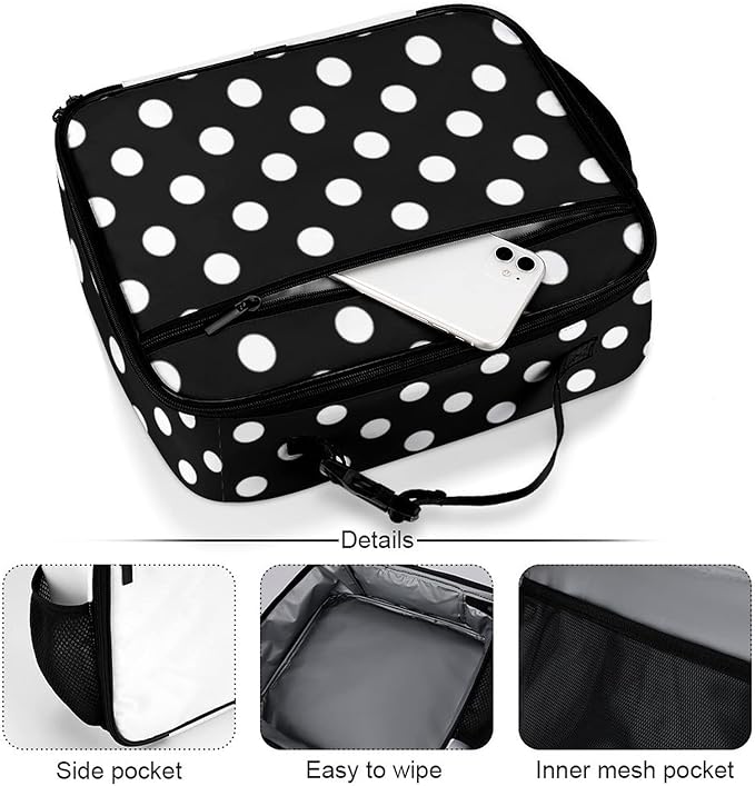 Polka Dot Black Reusable Lunch Box Insulated Lunch Bag Cooler Bag Lunchbox Meal Food Container Tote Bag for Women Kids Girls School Camping Hiking Picnic Beach Travel