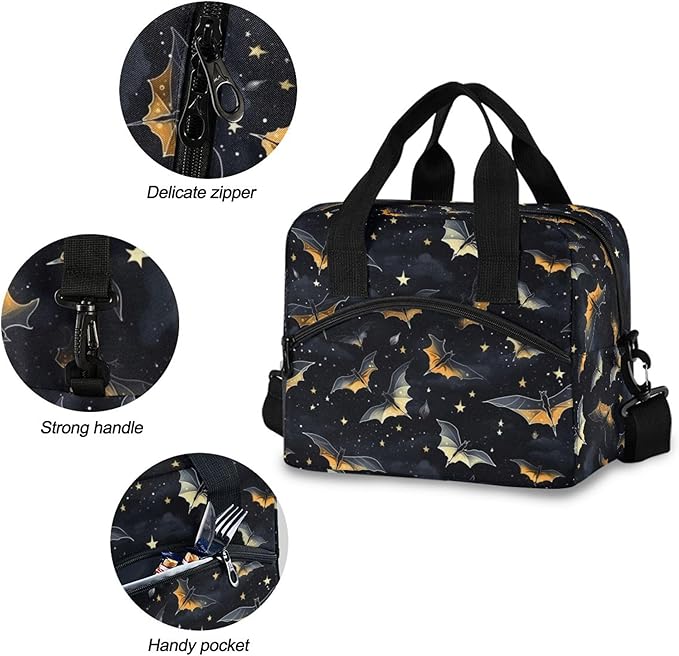 MNSRUU Insulated Lunch Bag Gothic Skull Bat Women Men Fabric Dinner Tote Cooler Bag Reusable Leakproof Lunch Box with Adjustable Shoulder Handles Strap For Work School