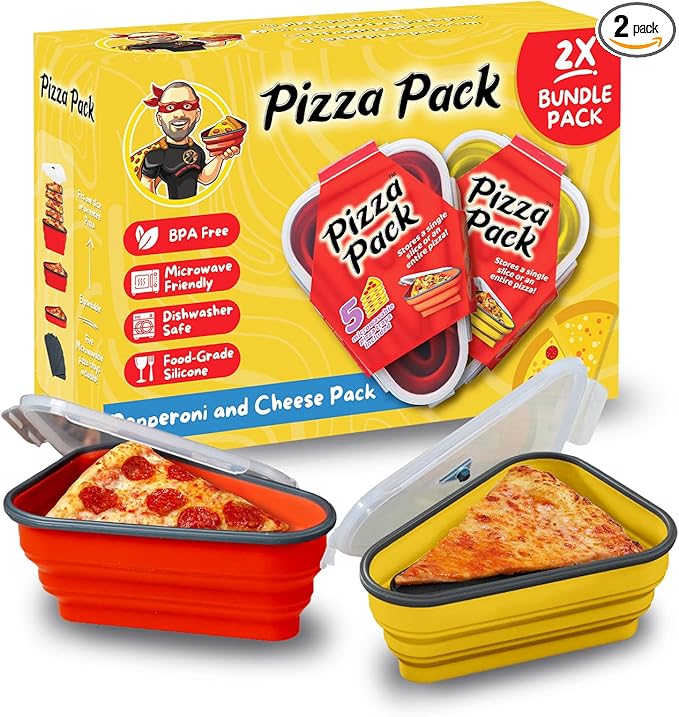 PIZZA PACK The Perfect Reusable Pizza Storage Container with 5 Microwavable Serving Trays - BPA-Free Adjustable Pizza Slice Container to Organize & Save Space, 2 Pack, Yellow, Red